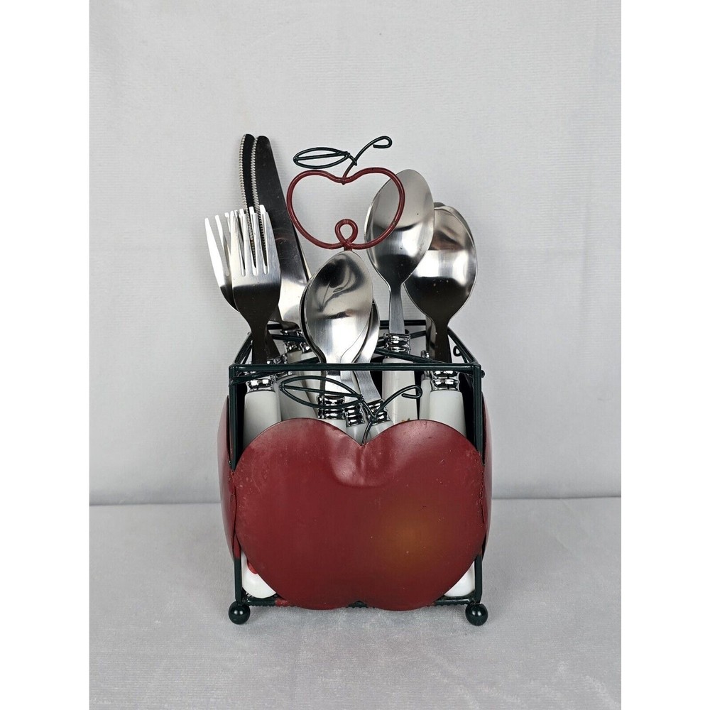 Apple Flatware Set & Holder Farmhouse Fruit Vintage Plastic Handle