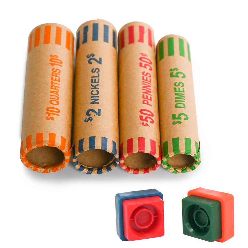 60 Assorted Coin Roll Wrappers with Color Coded Coin Wrapper Crimping Tool -Q...