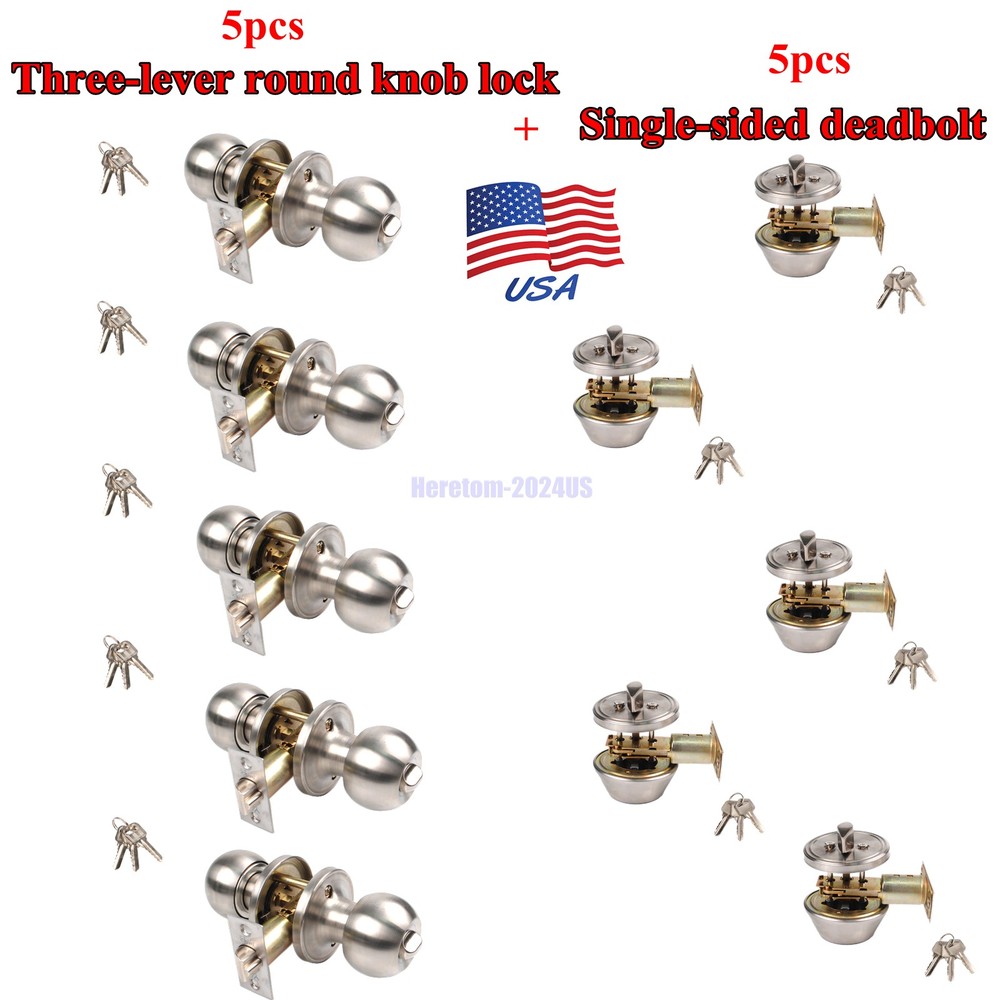 Keyed Differently Entrance Lock &Deadbolt Round Knob Front Entry Door Handle Set