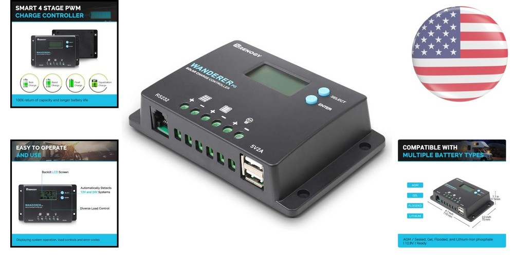 Compact 10A Solar Charge Controller - Full Protection & Multiple Battery Support