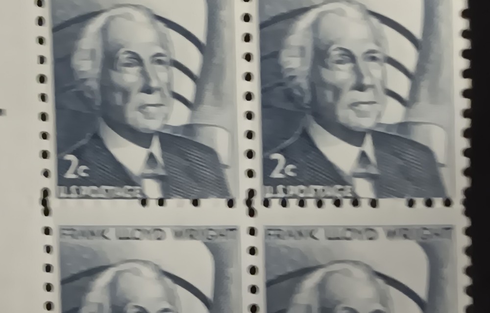 US Scott 1280 2c Frank Lloyd Wright Plate Block MISPERF Error Blind Perfs EFO