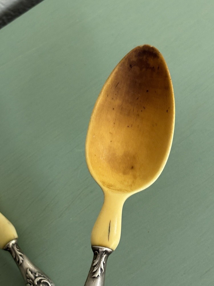 Antique silver And Horn salad Server fork and spoon (signed)