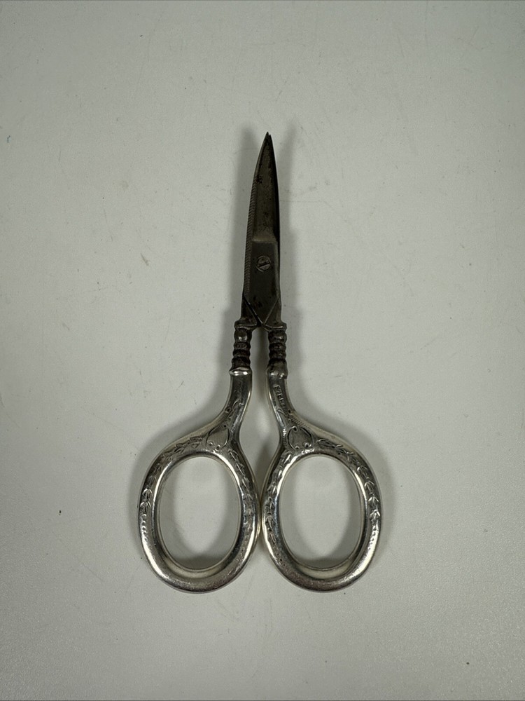 Antique Curved Silver Handles with a pattern Sewing Or Nails Scissors 3-3/4”