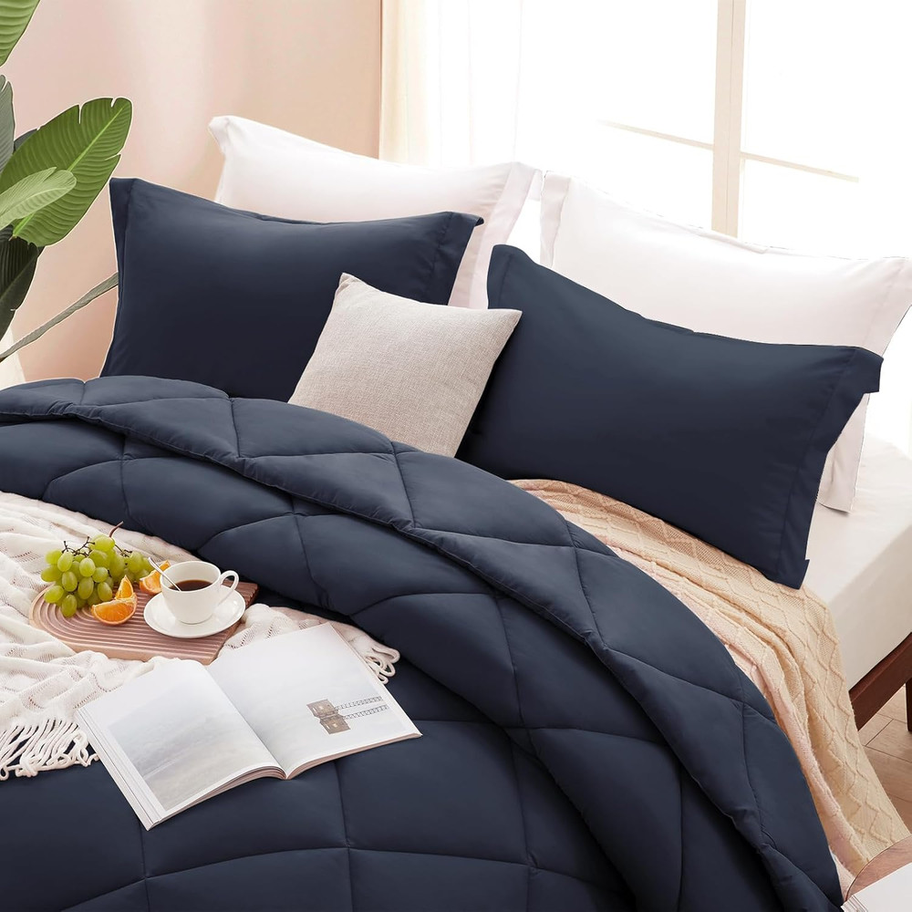 Queen Comforter Set Navy Blue, 3 Pieces Comforters Queen Size Solid Quilted Bedd