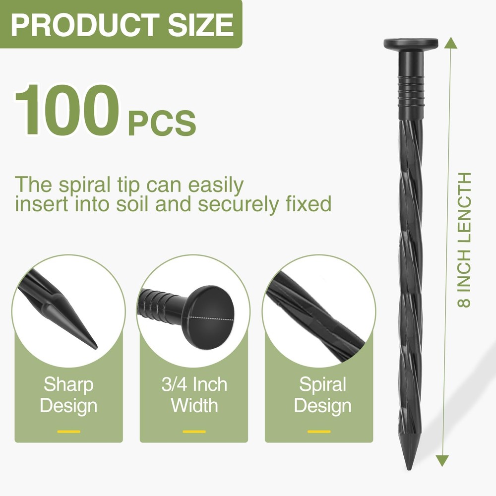 100Pack Plastic Landscape Edging Spikes, 8 Inch Spiral Black
