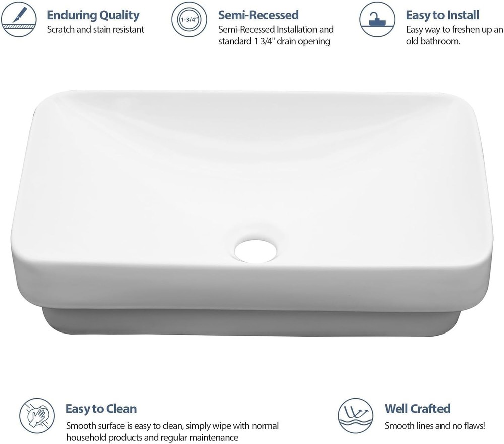 Sleek 19"x12" Rectangular Semi Recessed Sink - Stylish Bathroom Essential