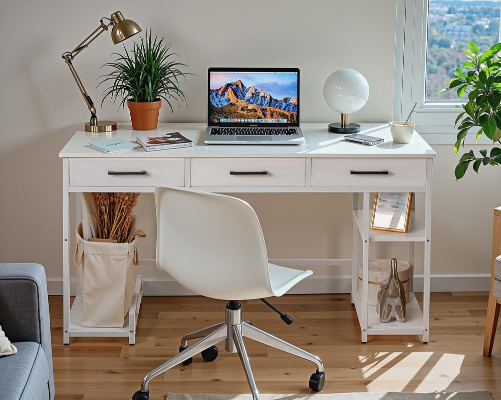 Shahoo Computer Desk with Drawers & Storage Shelves, 48" Modern Writing Table...