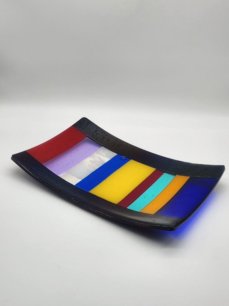Hand Crafted Fused Art Glass Tray Dichroic Multicolor Striped Rectangular Decor