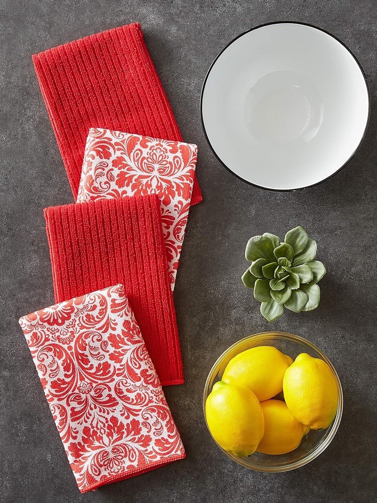 Cleaning Collection Multi-Purpose Microfiber Red Damask Dishtowel Set