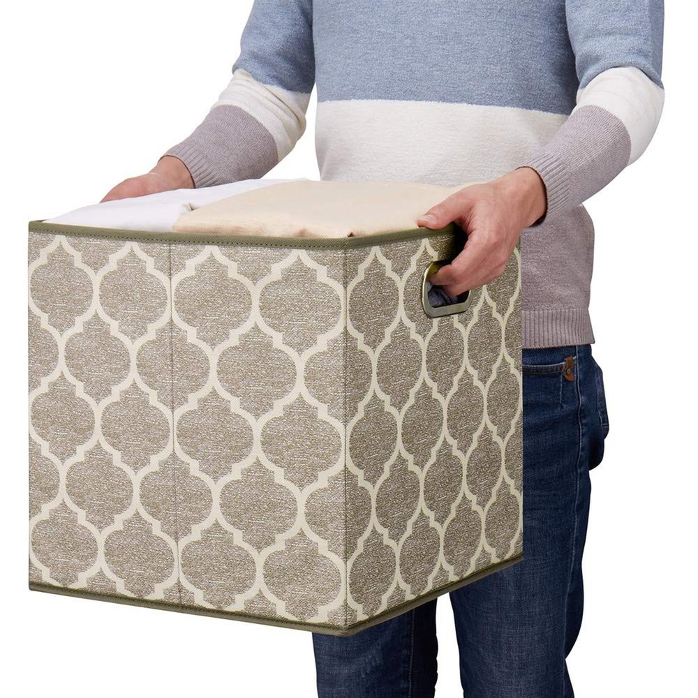 13x13x13 In Fabric Storage Cube Bins with Print Grid Pattern Foldable Clothes...