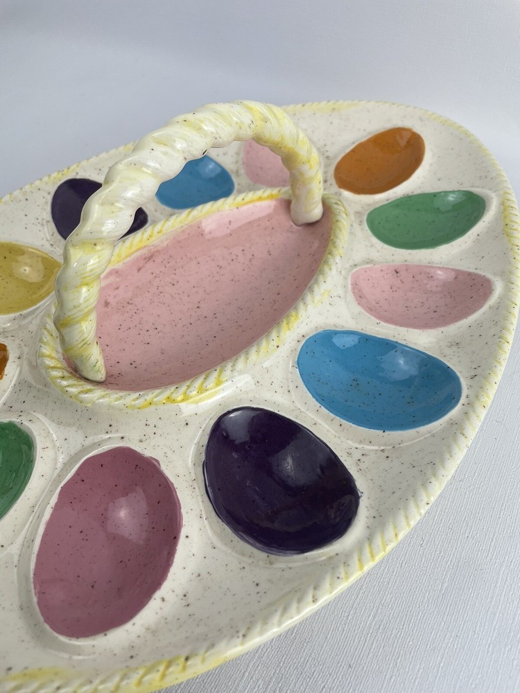 VTG Atlanic Mold Pastel Deviled Egg Platter Tray Dish w/Handle 14×10 Easter