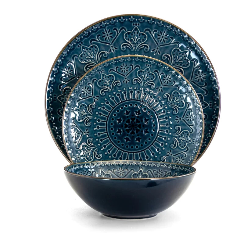 Elama Deep Sea Mozaic 16 Pc Mandala Pattern Complete Stoneware Dinnerware Set 4