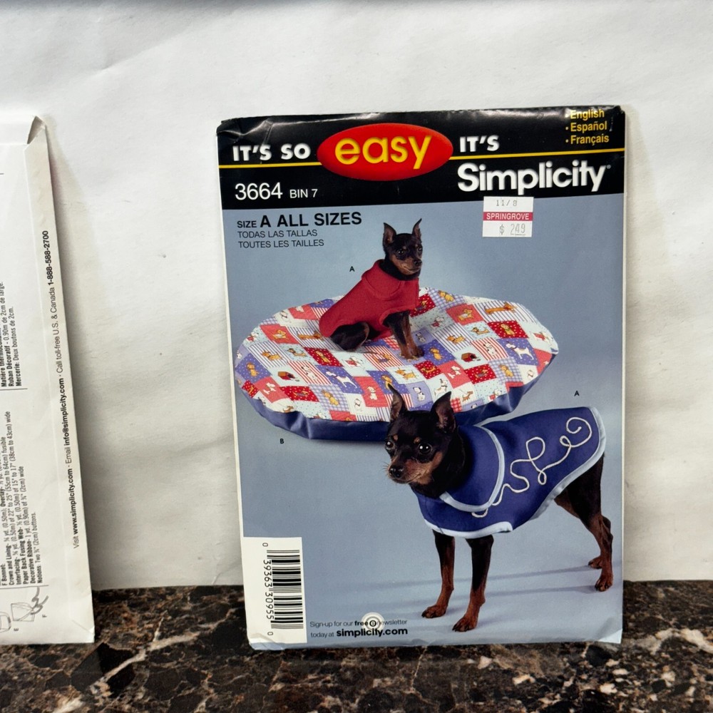 Simplicity Pattern Dog Coats Beds Three Size Its So Easy Uncut #3664 Sewing