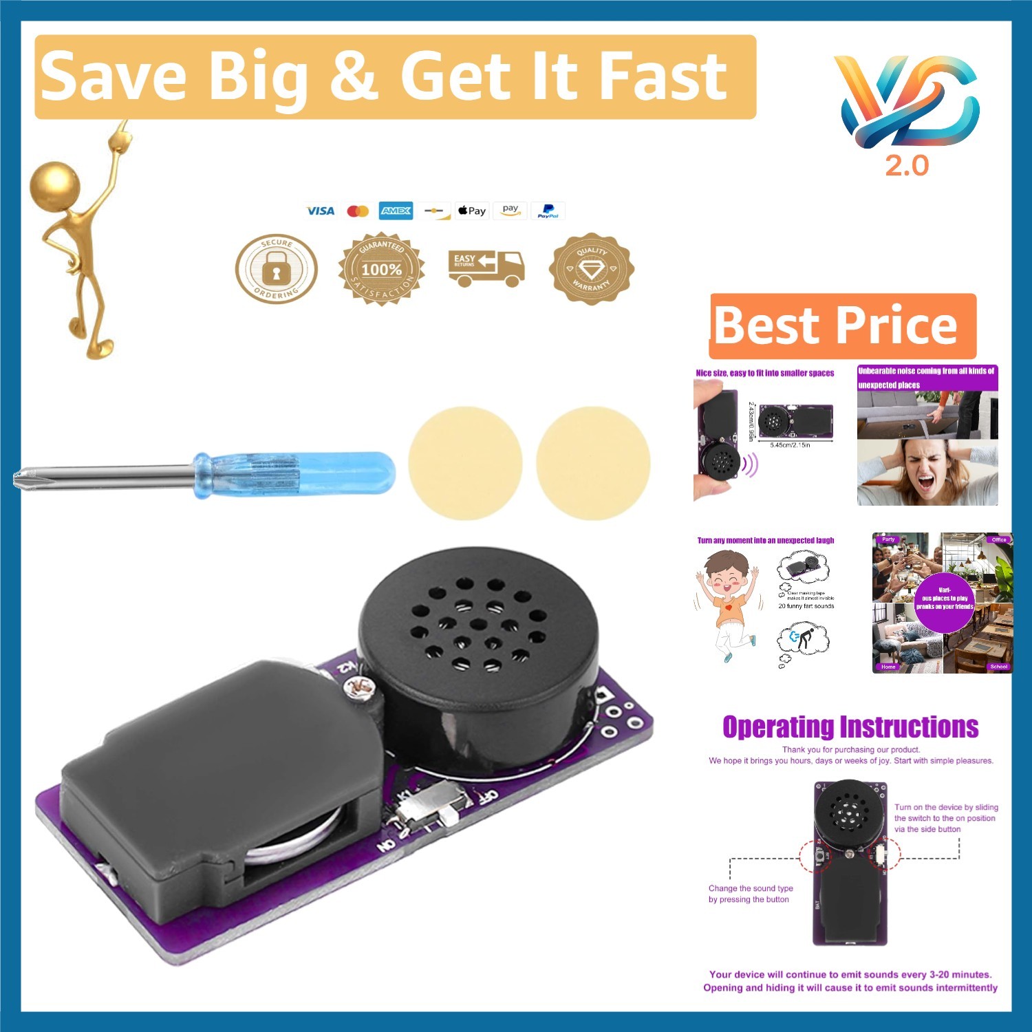 Prank Fart Pooter Noise Maker with 20 Fart Sounds, Compact Battery Operated