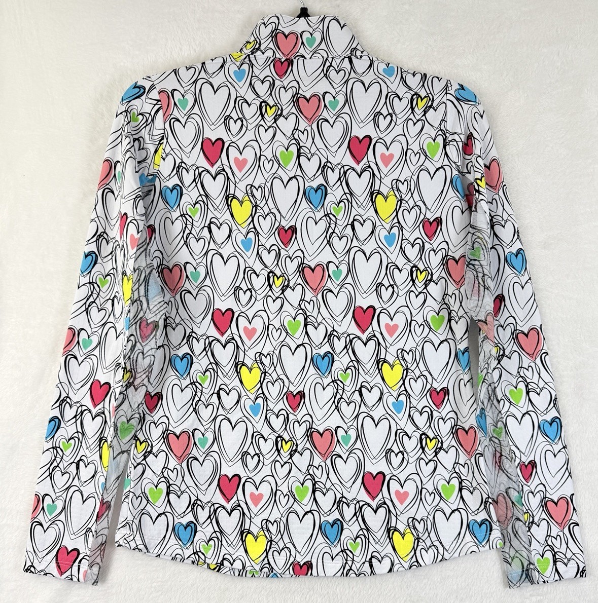 IBKUL Womens Long Sleeve Top XS 1/4 Zip Mock Neck Millie Hearts White Pink Golf