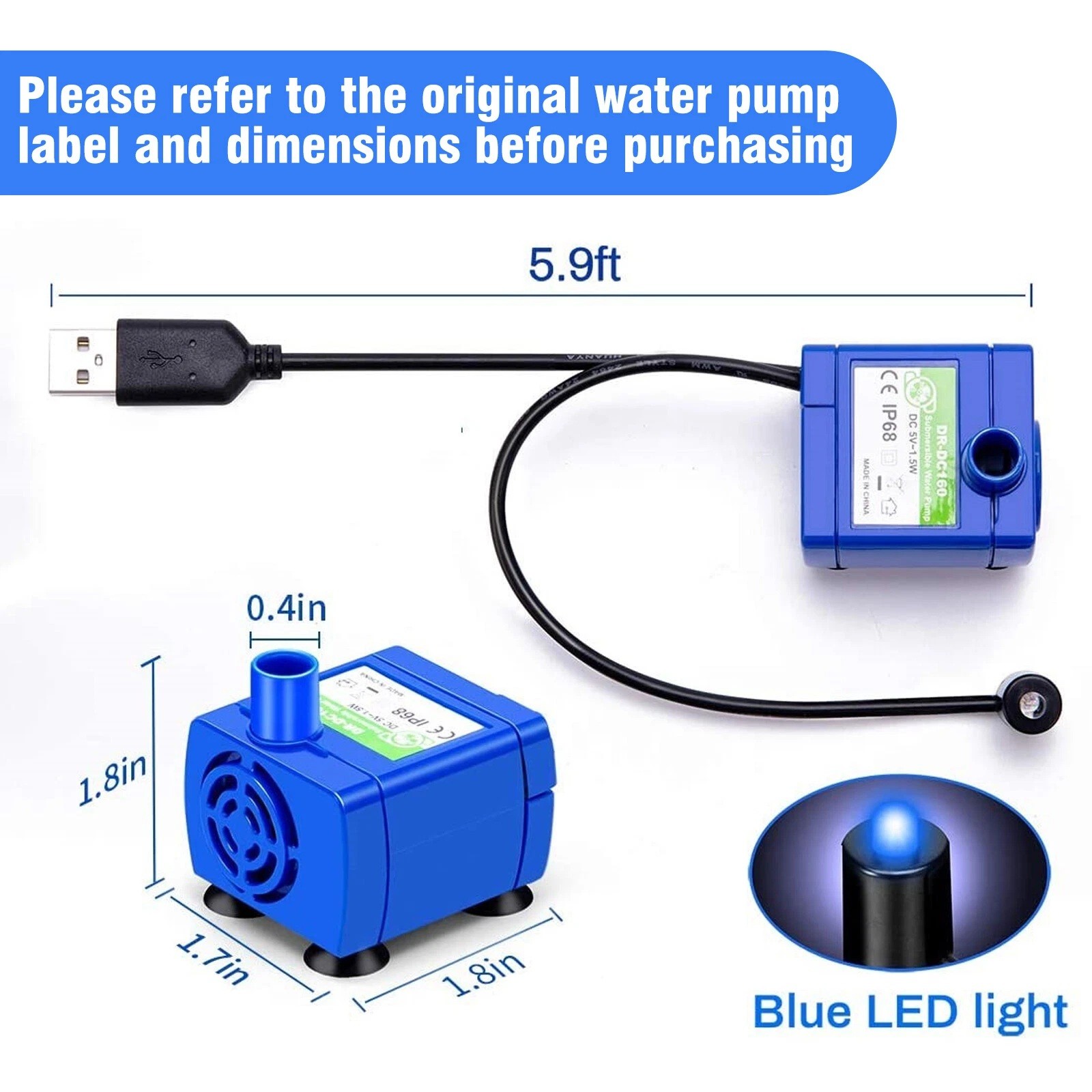 Pet Water Fountain Pump USB Rechargeable with LED Light Cat Dog Drinking Pump