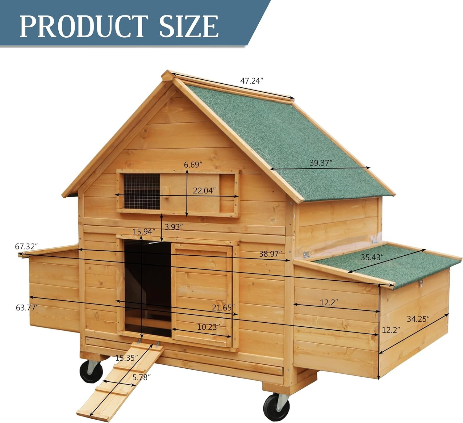 Wooden Chicken Coop Mobile Hen House Poultry cage w/Wheels&Two Nest Boxes Yard