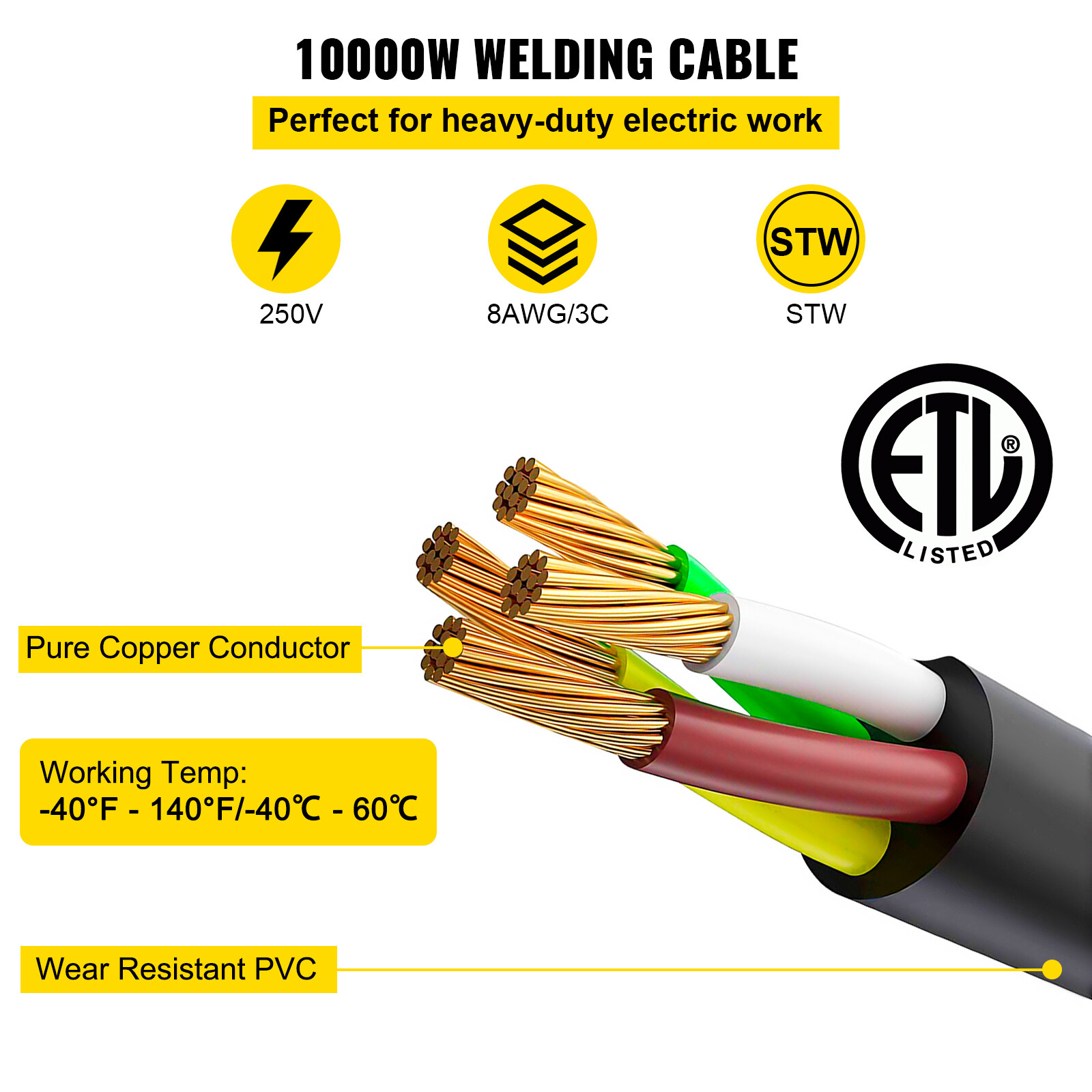 VEVOR 40A 50ft Welder Extension Cord NEMA6-50 8AWG Heavy Duty for MIG TIG Plasma