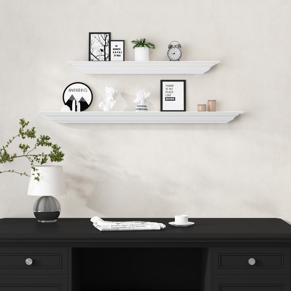 Solid Wood White Floating Shelves Wall Mounted, Molding Floating Wall Display...