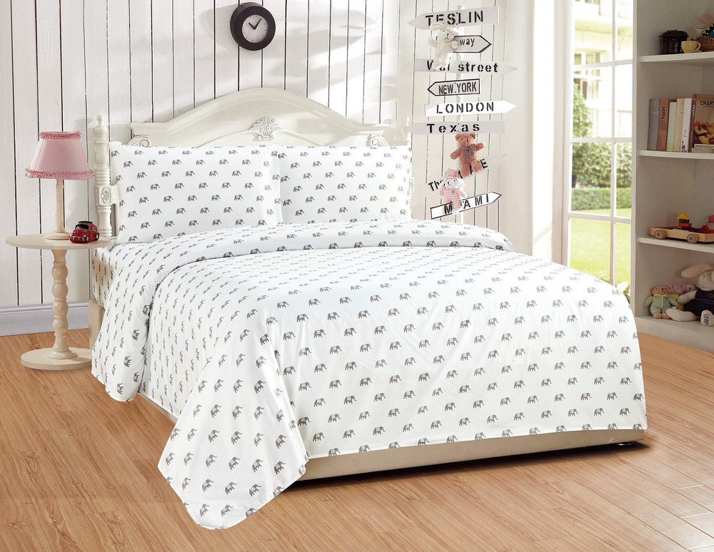Fancy Collection Sheet Set Elephants Light Grey White New (Full)