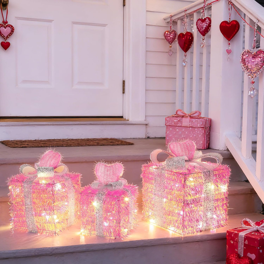 Timer & 8 Mode 3 Pack Pink Valentines Decorations Valentines Lighted Gift Boxes