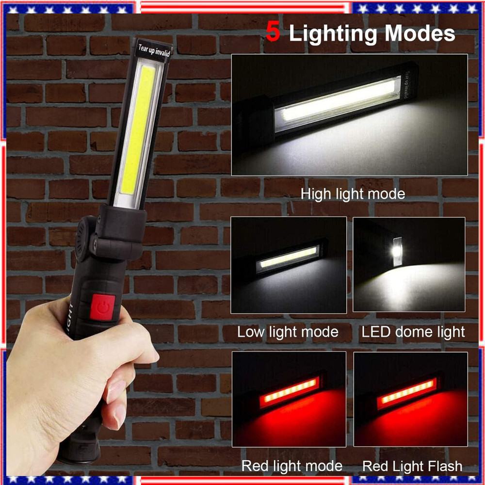 Rechargeable LED Work Light Magnetic Foldable Flashlight with Hook 5 Modes