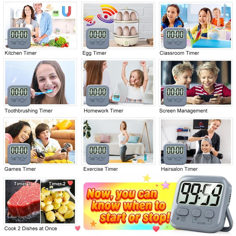 2 Pack Digital Timer for Kids, Magnetic Countdown Kitchen Timers for Cooking,...