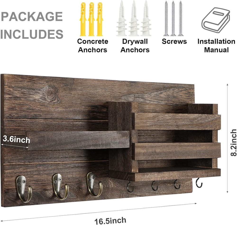 Rustic Wall-Mounted Mail Organizer & Key Holder with 7 Hooks – Easy Install