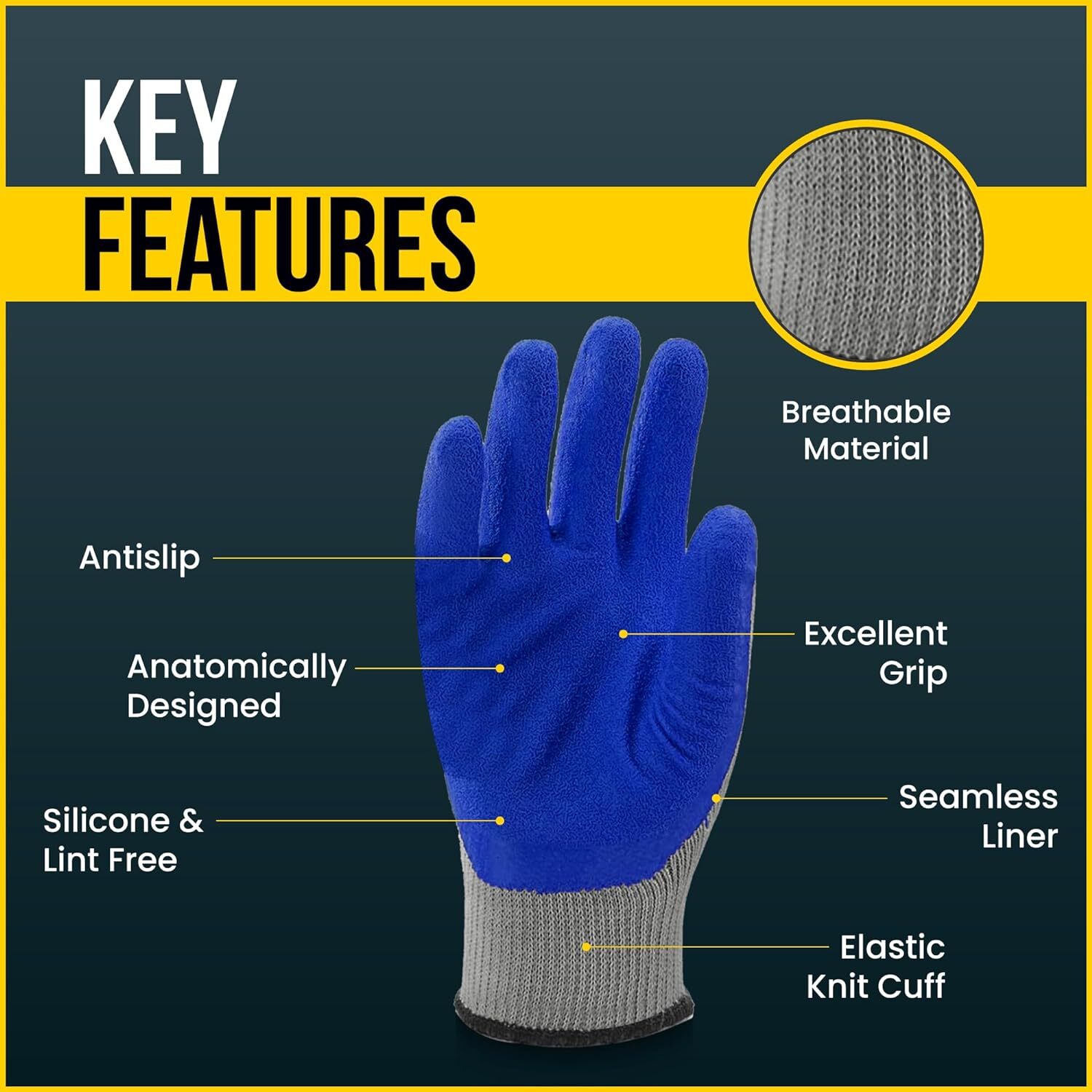 120 Pairs, Blue Latex Coated, Work Gloves, Textured Grip Gloves for Men/Women