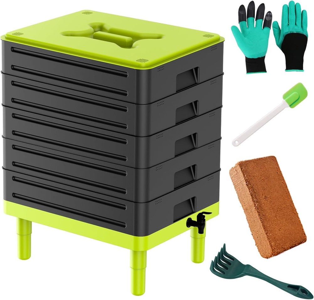 5-Tray Worm Composter,100L WormCompost Bin Vermicomposting Starter Indoor &