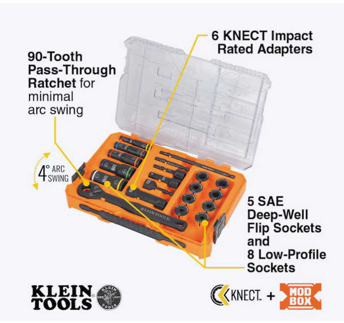 Klein Tools KNECT Impact Pass Through and Deep-Well Flip Socket Set, 20-Piece