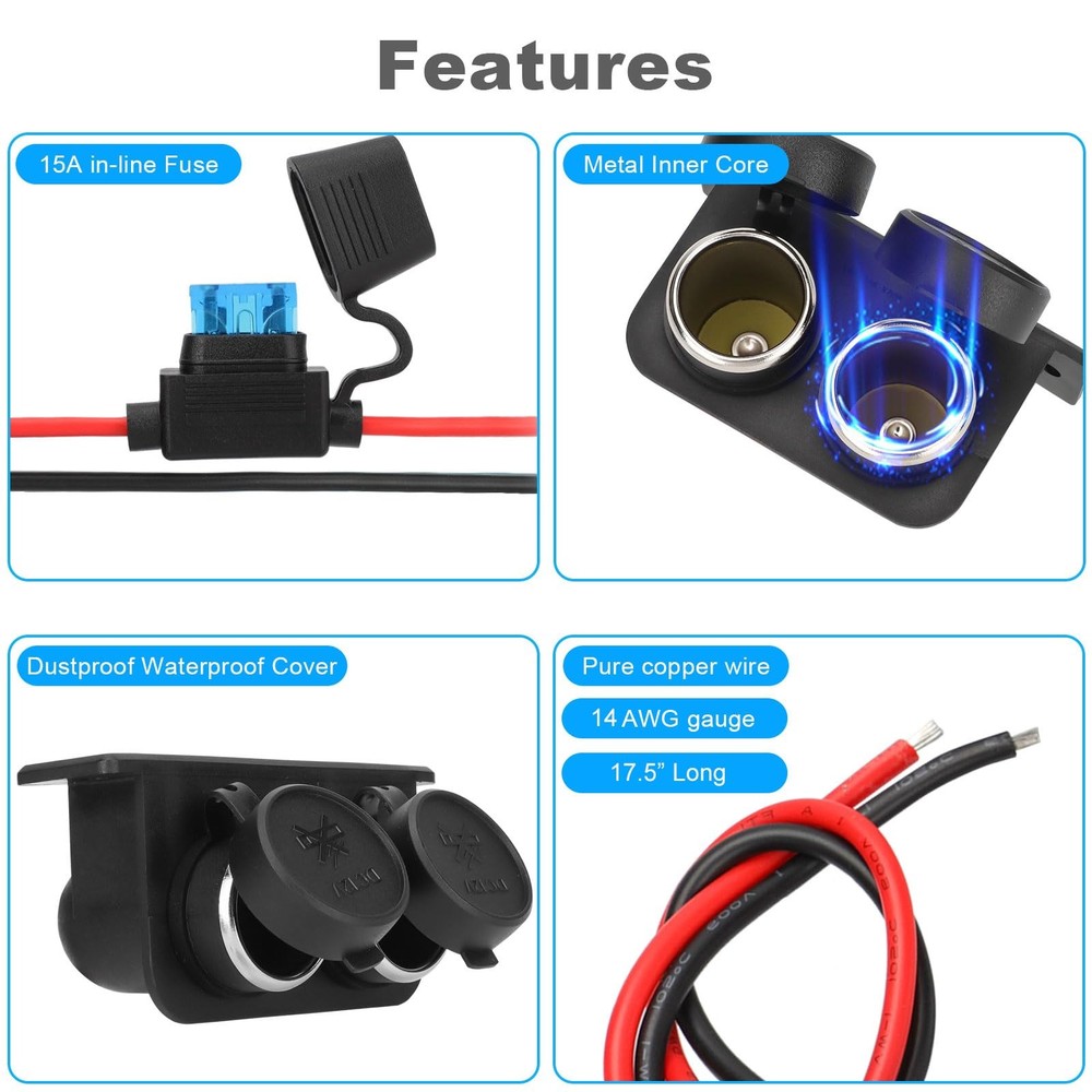 1PCS Cigarette Lighter Socket with Blade Fuse, 2-Socket Black-1P