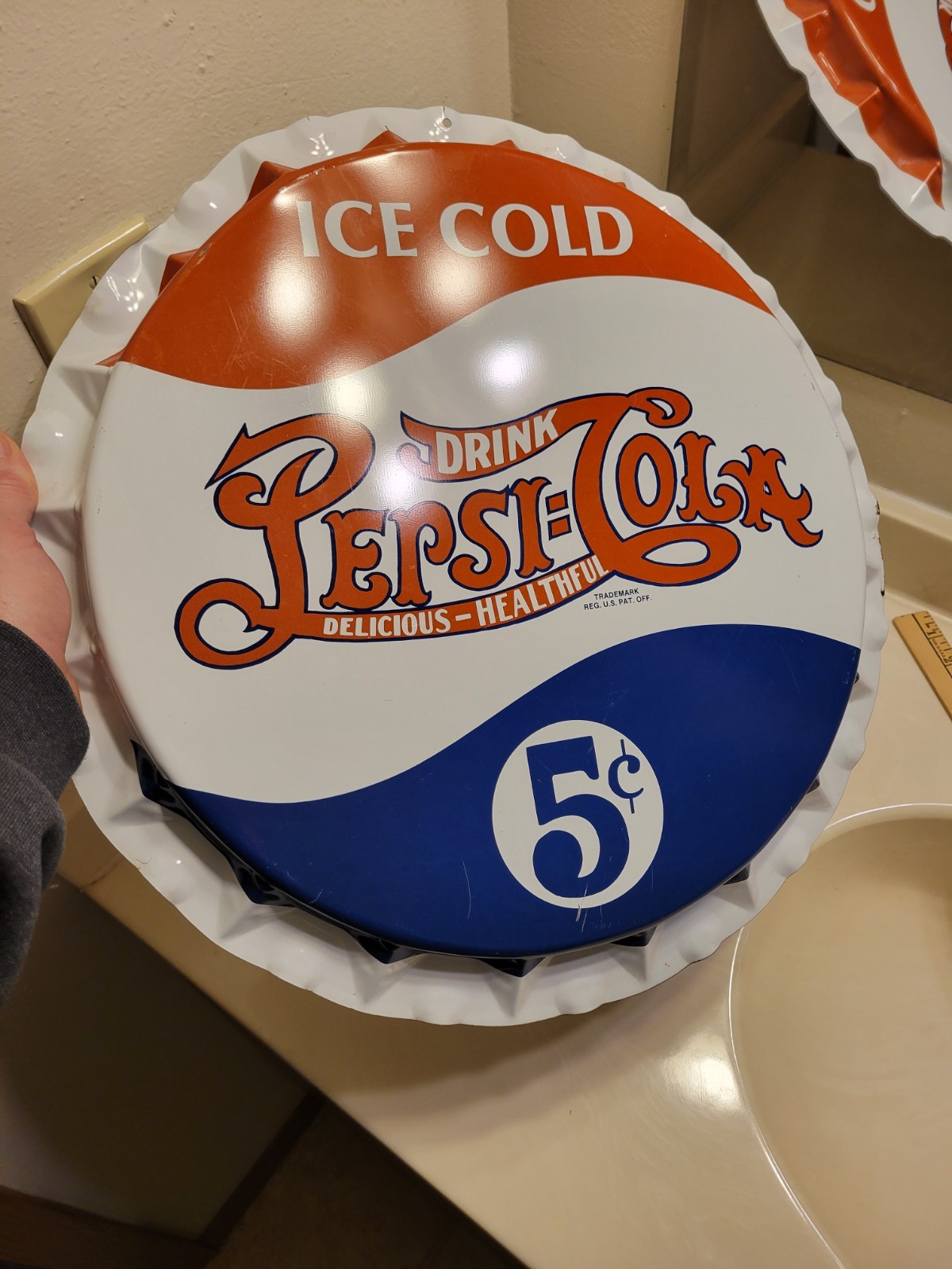 VINTAGE PEPSI:COLA DOUBLE DOT BOTTLE CAP METAL SIGN / 19"x 2" DIMENSIONS