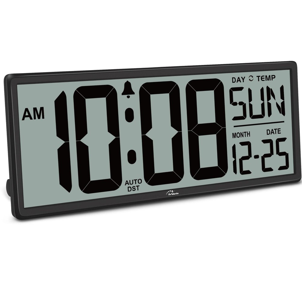 WallarGe 14.5'' Digital Clock: Jumbo Display, Temp, Date, Easy Set & DST