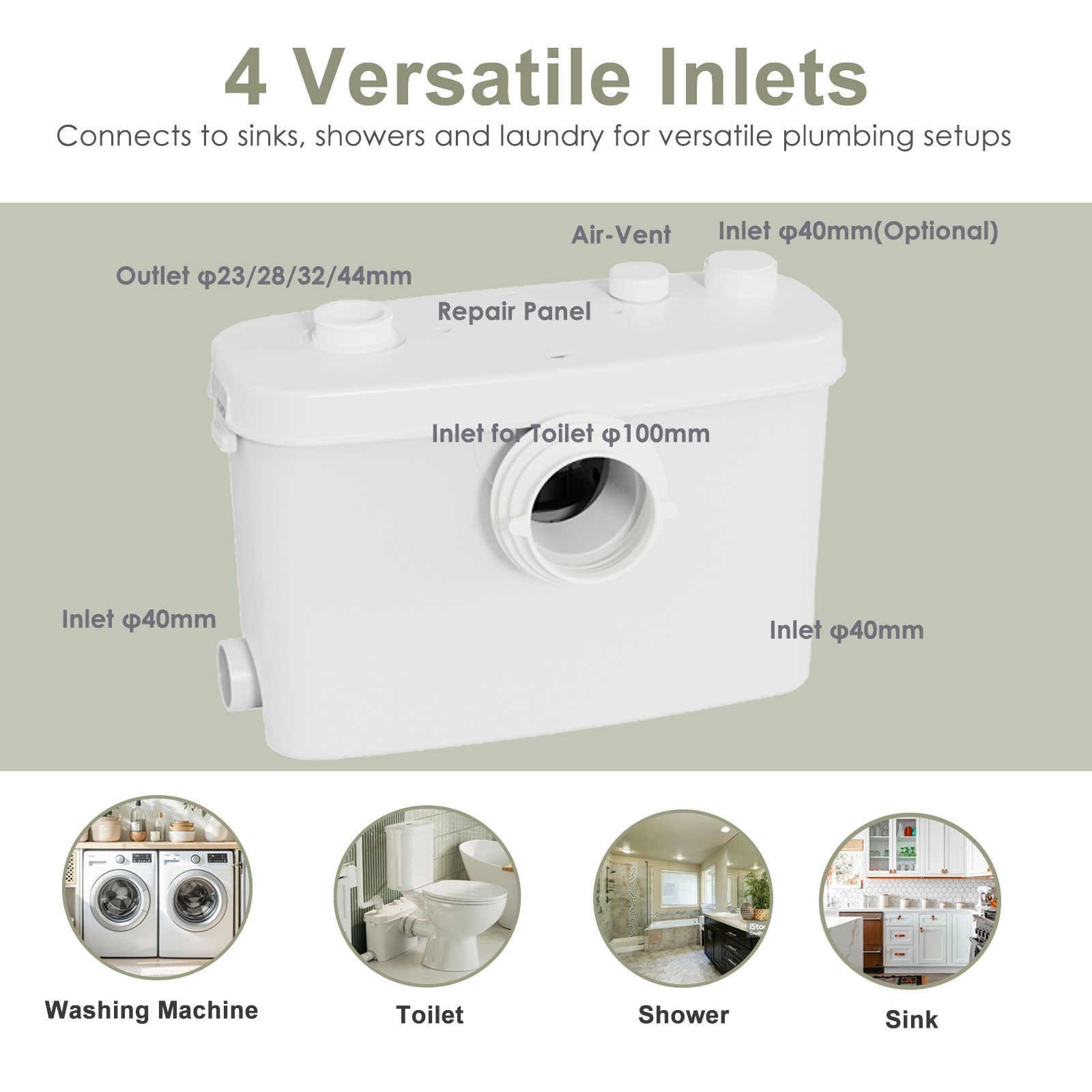 500W Macerating Toilet With 4 Water Inlet Two-piece Upflush Toilet for Basement