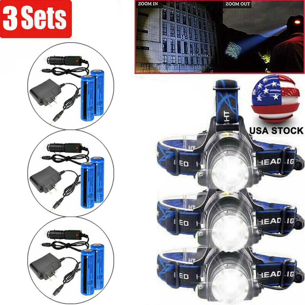 3Pack Rechargeable Headlight Zoomable Head Torch Lamp Flashlight LED Headlamp