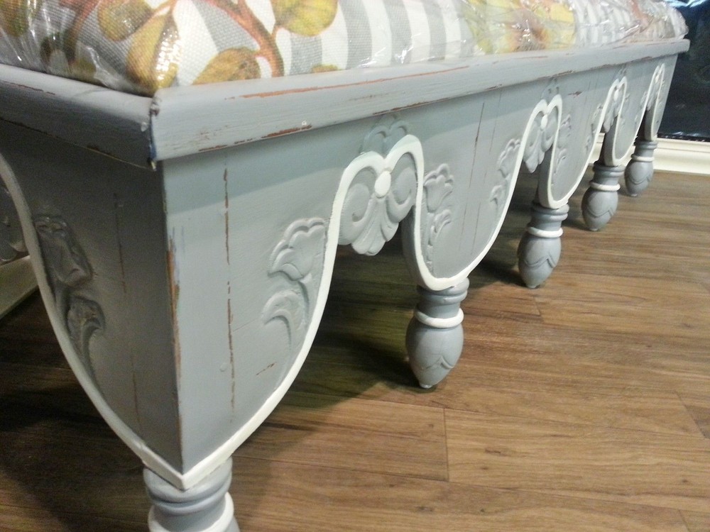 Steven Shell Upholstered Venetian Bench Grey Mist Distressed