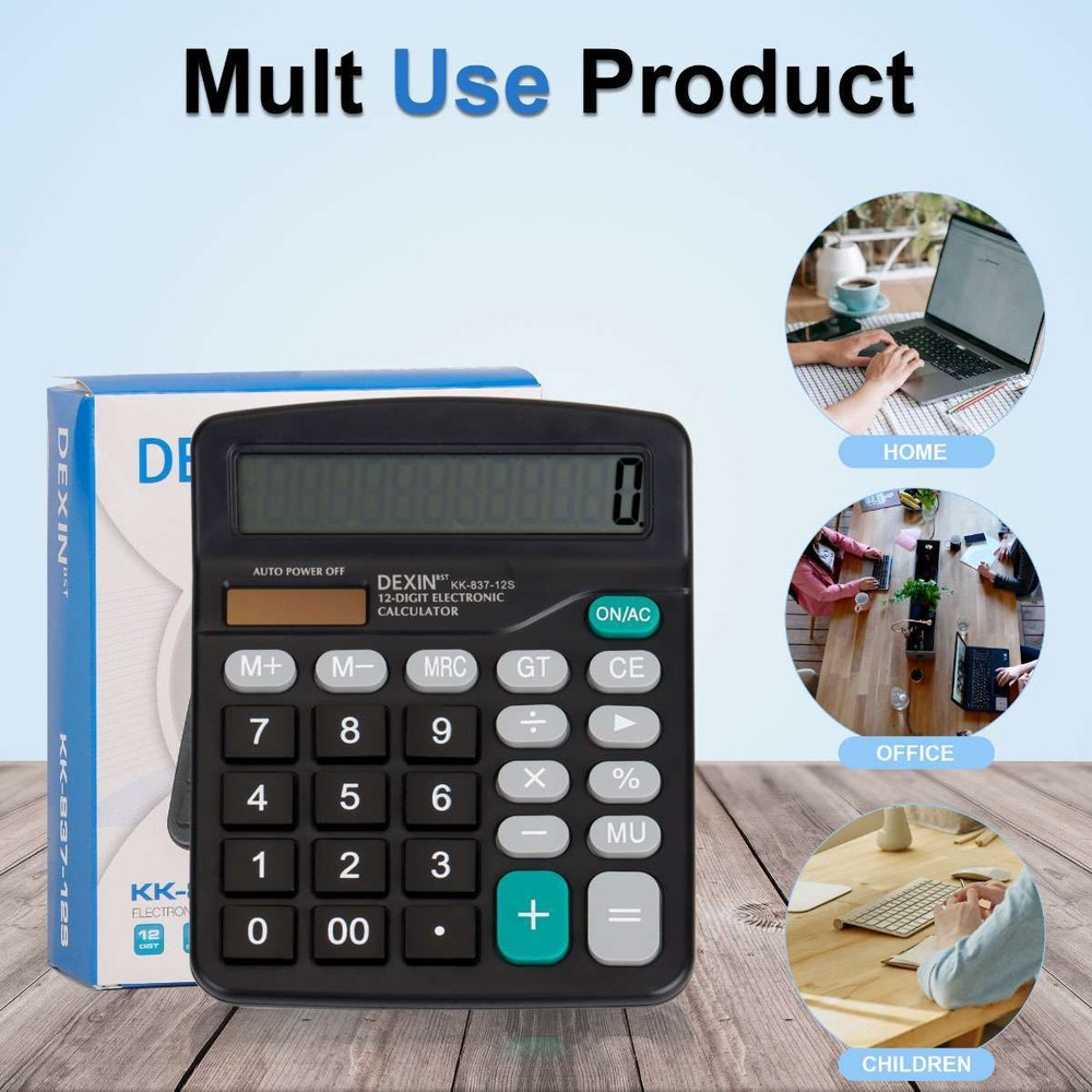 12-Digit Desktop Calculator Solar Battery Big Button Dual Power Large Display