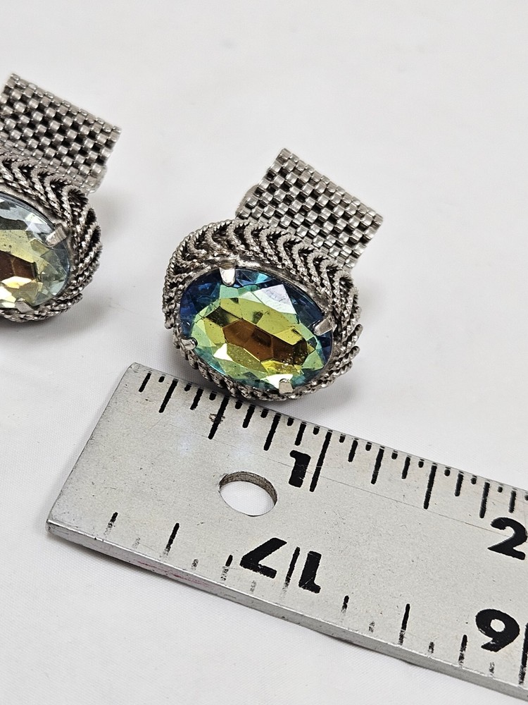 Vintage Iridescent Silver Tone Mesh Wrap Cuff Links