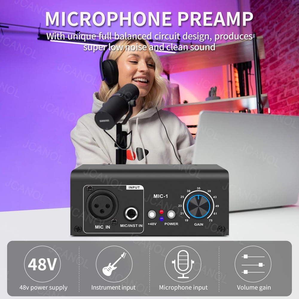 Microphone Preamp with 75dB Gain, 48V Phantom Power for Dynamic & Condenser Mic