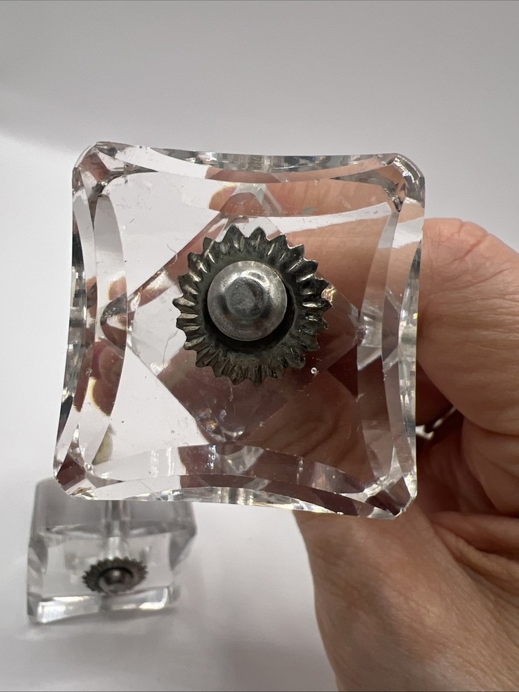 4 Clear Glass Cabinet Knobs Pulls Square Silver Flower 3”x 1.5” Read!