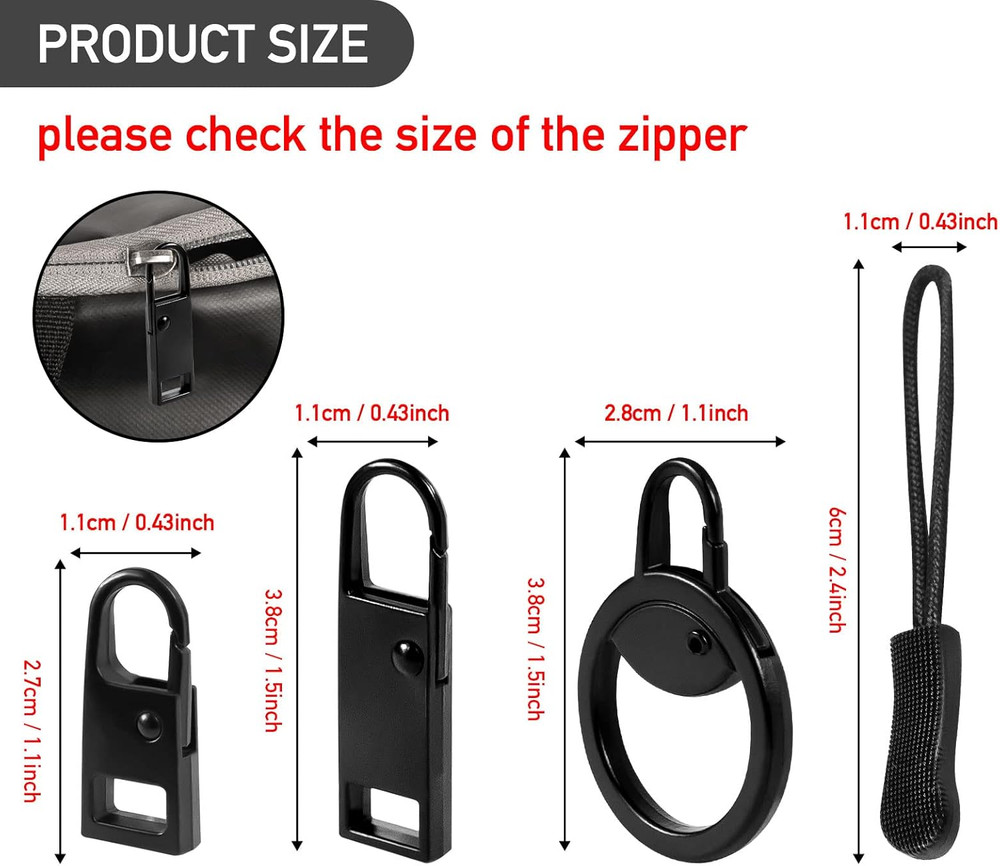 16 PCS Zipper Pull Tab Replacement Metal Handle Fixer，Zipper Tag Cord Pull Exten