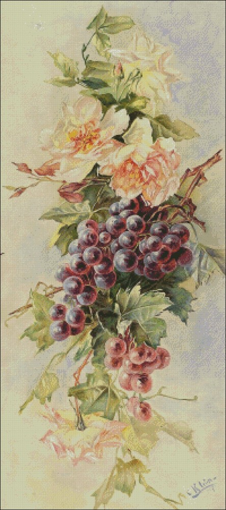 Chart Needlework Crafts DIY - Counted Cross Stitch Patterns - Grapes and Roses