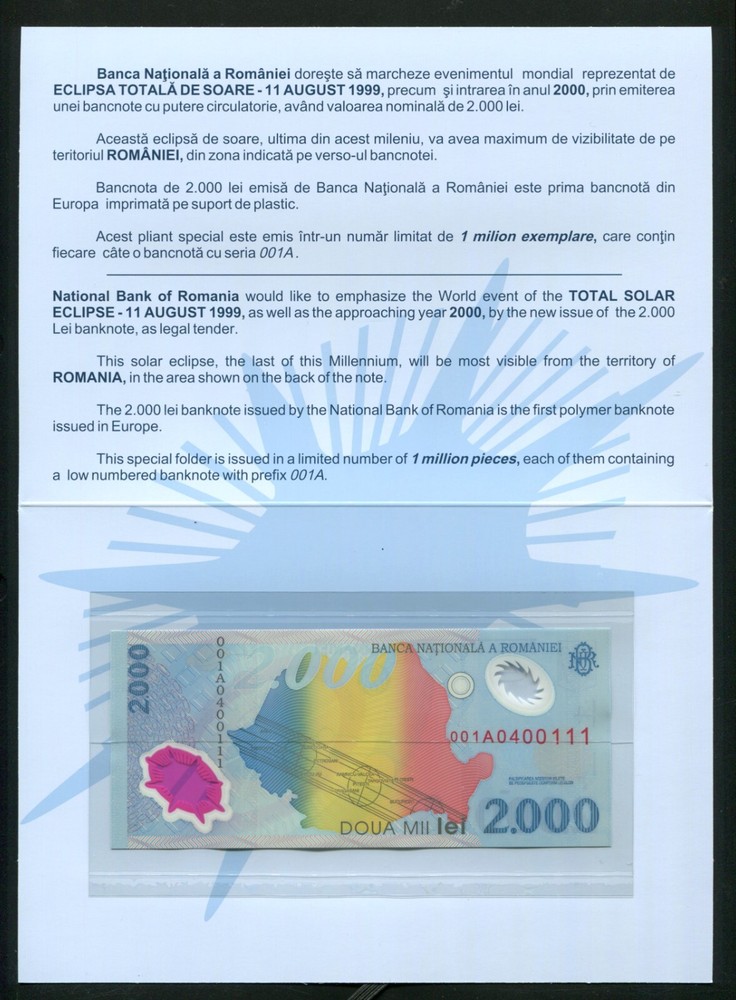 t089 LUCKY SERIAL 0400111 ROMANIA 2000 LEI 1999 SOLAR ECLIPSE POLYMER BANKNOTE