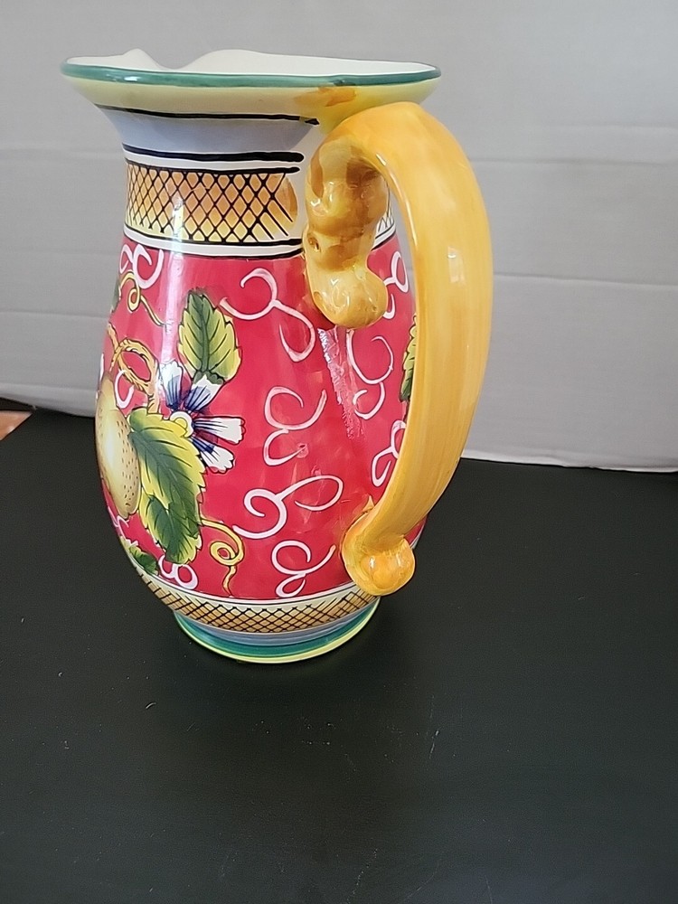Hand painted Large Red Lemon Flowers Lattice Pitcher