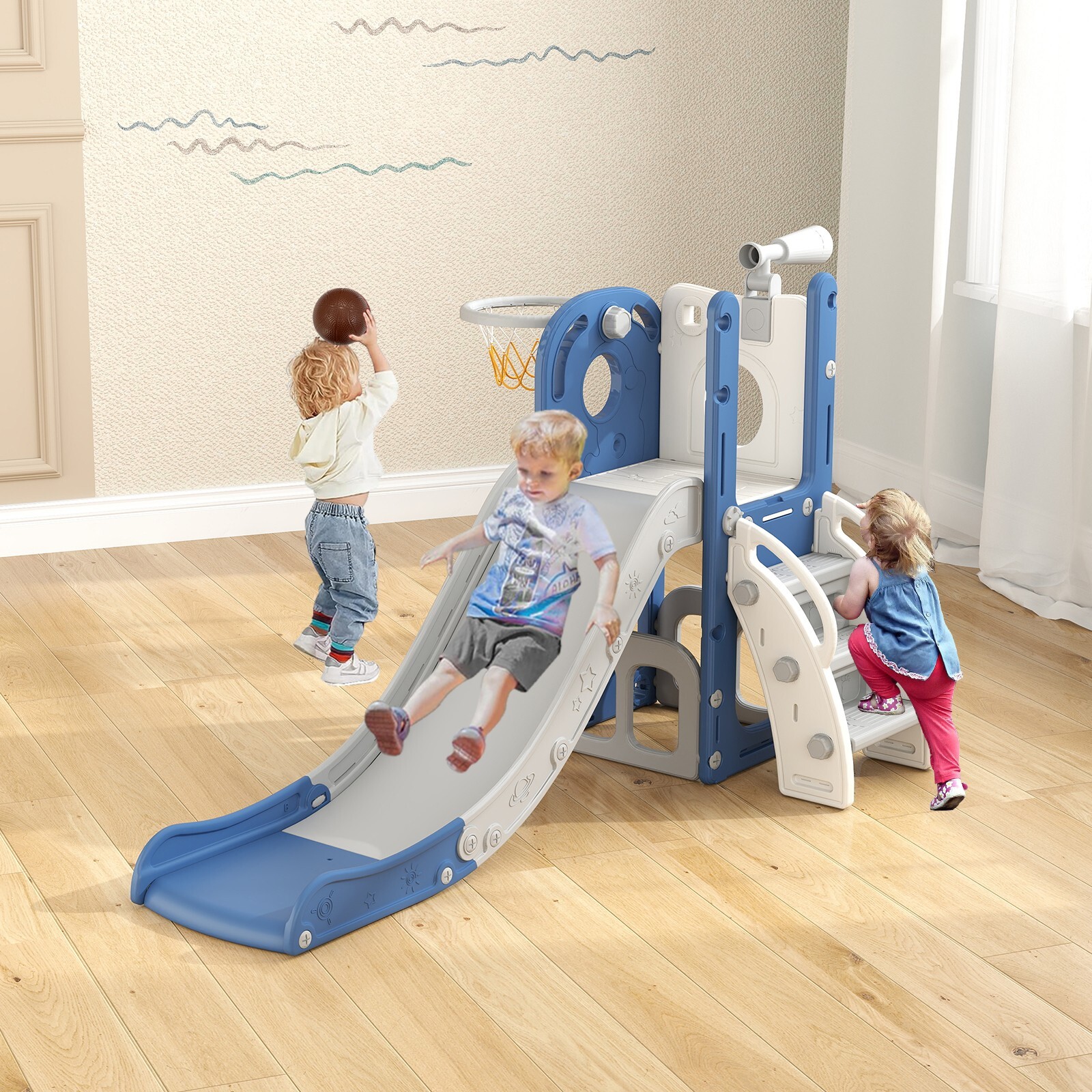 6 in 1 Toddler Playset Slide for Toddlers Age 1-3, Toddler Playground Blue