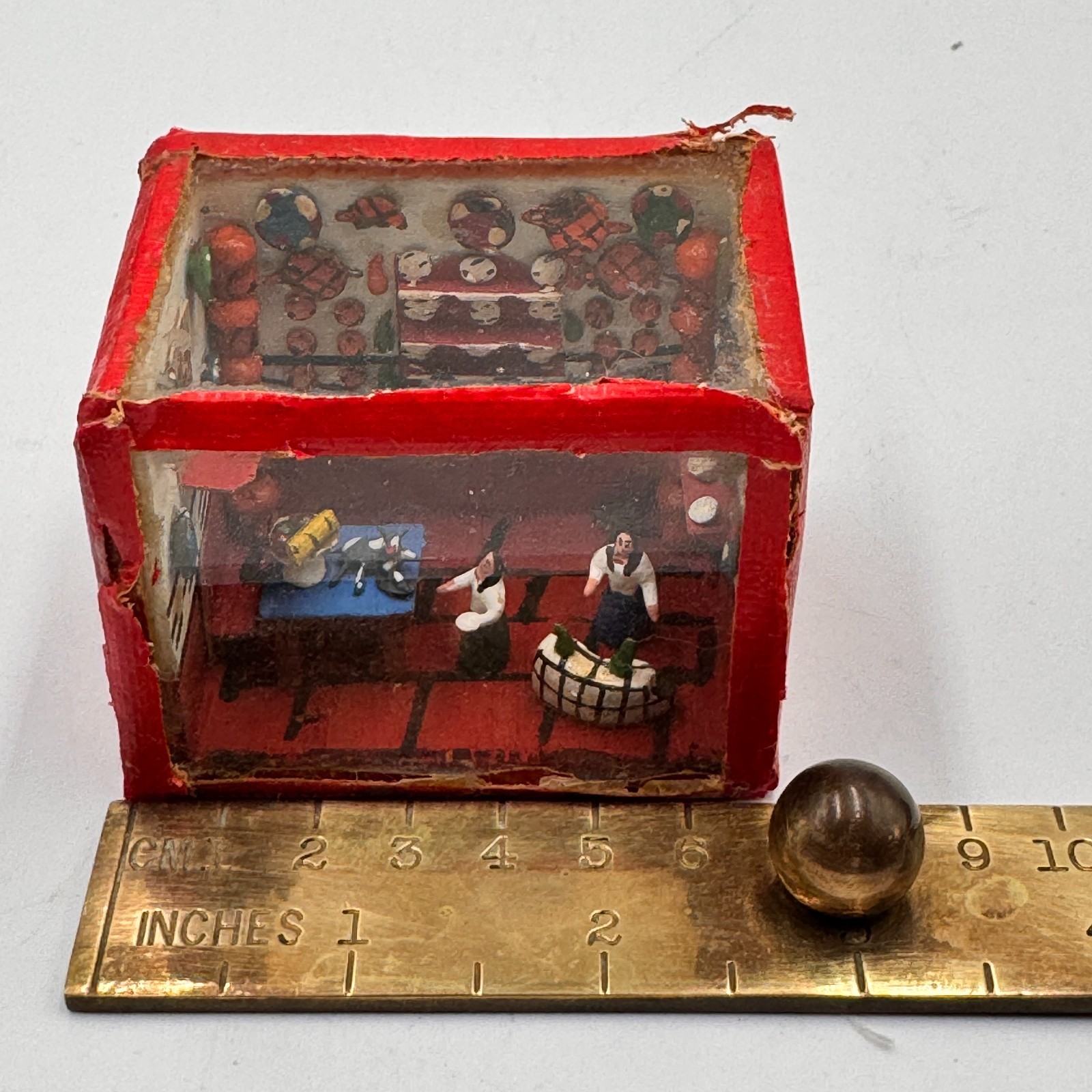 Vintage Handmade Mexican Folk Art Diorama Miniature Kitchen Scene Red Shadowbox