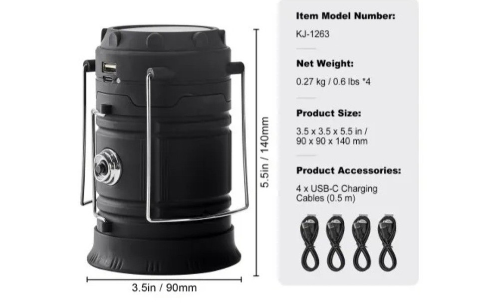 LED Camping Lanterns, 4 Solar/ Rechargeable Camping Flashlights, Solar & USB...
