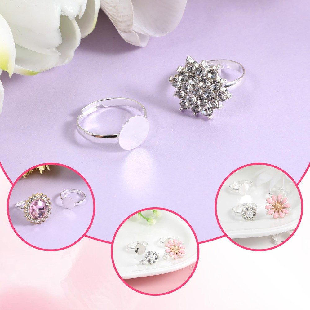 Ring Settings Base Adjustable Silver 40 Pcs 10mm Flat Round Pad Metal DIY