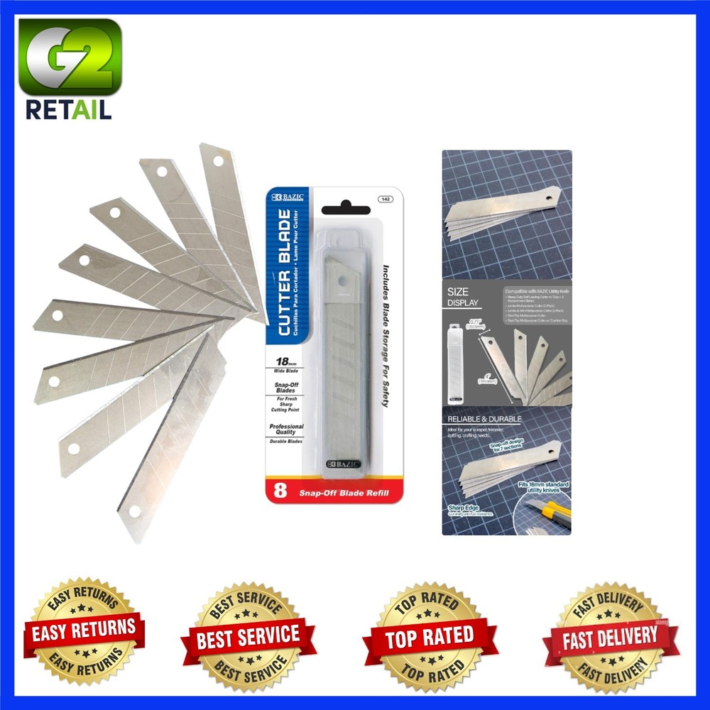 BAZIC 8-Count Replacement Blades for Utility Knives -  Precision Cutting